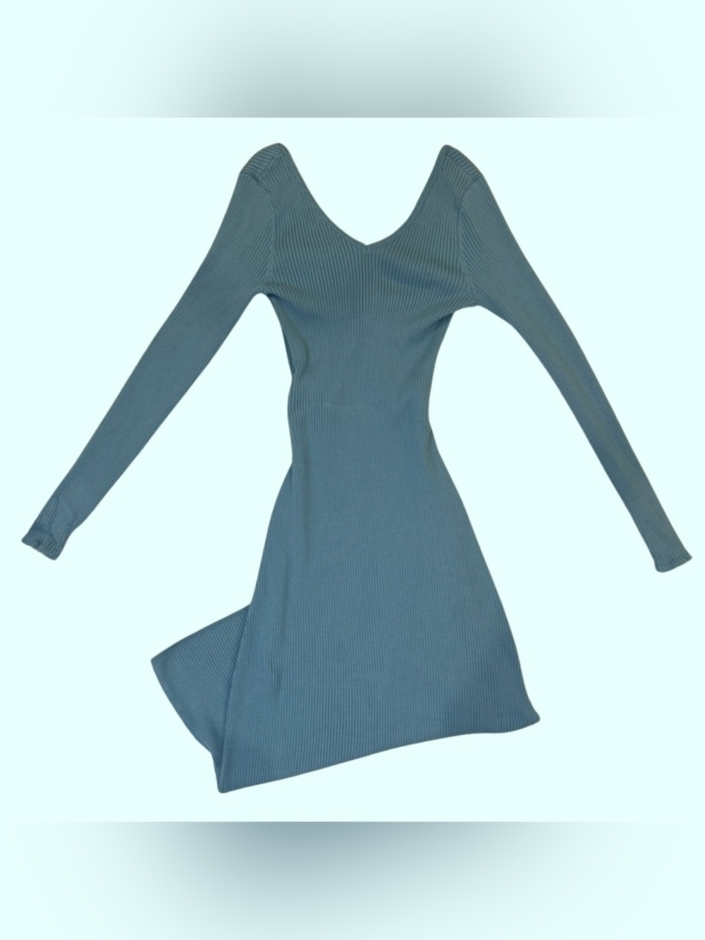 Fitted Long-Sleeve Ribbed V-Neck Dress with Back Cut Out in Dusty Blue